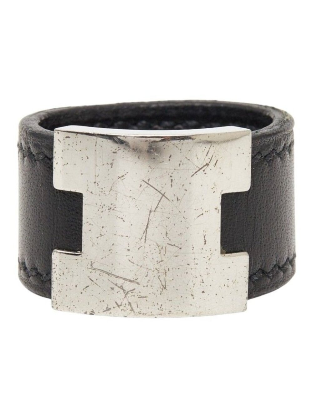 Hermes Lurie Ring Black Silver Leather Metal